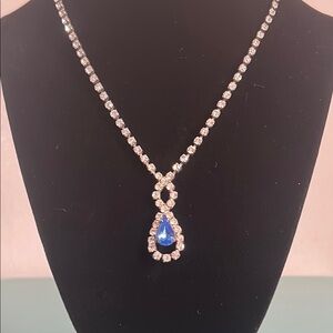 Wedding Bridal Prom Formal Silver V-Shaped White and Blue Rhinestone Necklace